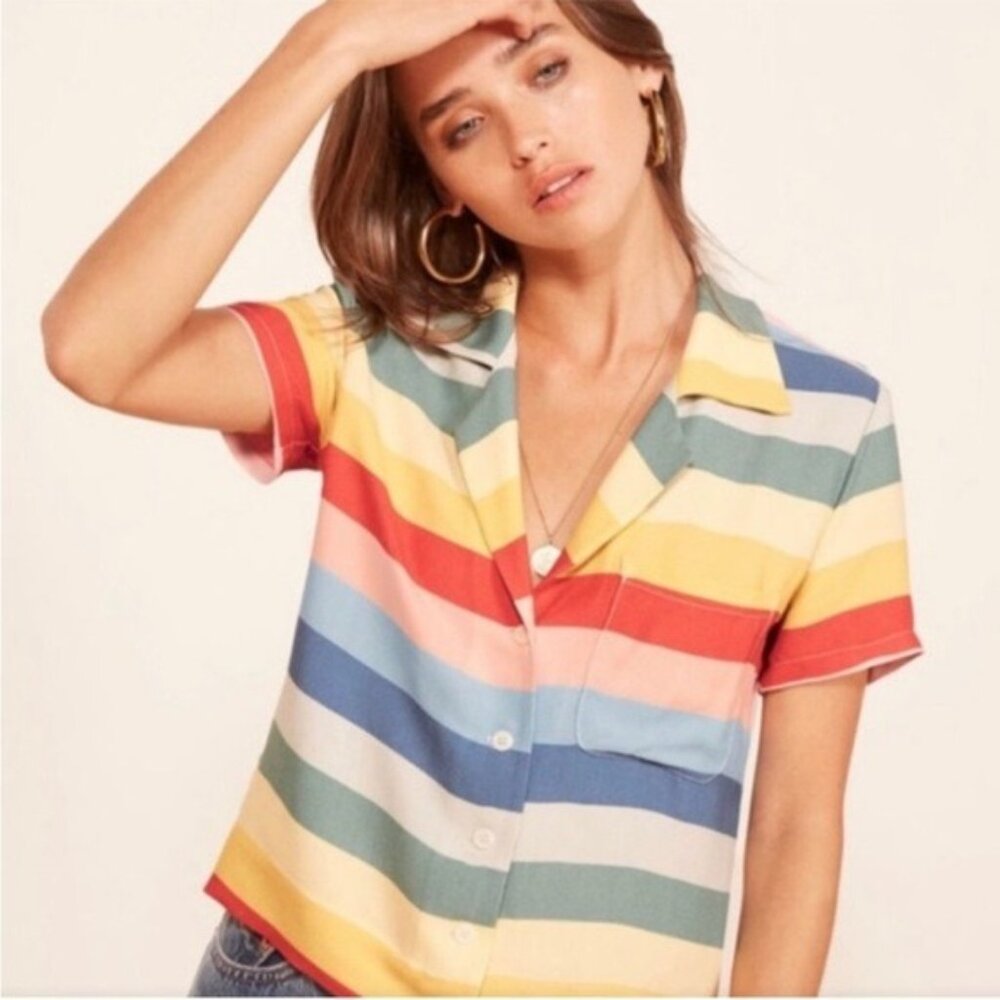 Reformation Palma Rainbow Stripe Button Down Front Shirt Size XS Short Sleeve